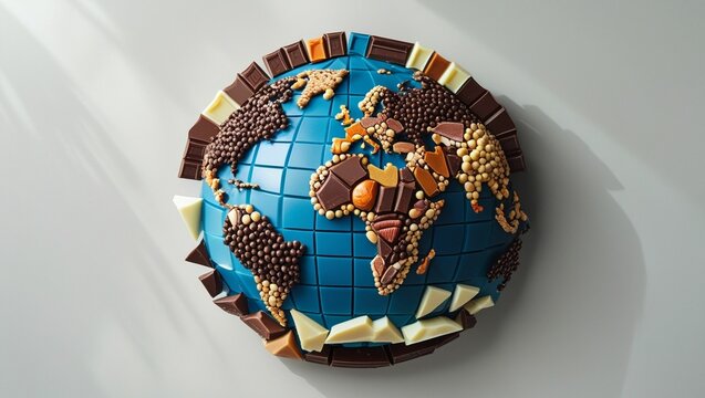 Flat lay of the globe outlined or formed using various types of chocolate (dark, milk, white)