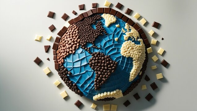 Flat lay of the globe outlined or formed using various types of chocolate (dark, milk, white)