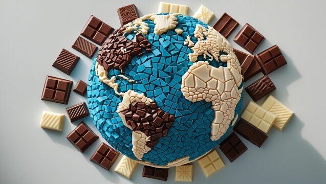 Flat lay of the globe outlined or formed using various types of chocolate (dark, milk, white)