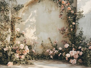Romantic floral wall with roses climbing on aged stone background