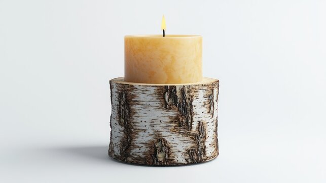 3D render of a birch tree bark candleholder decor on white background