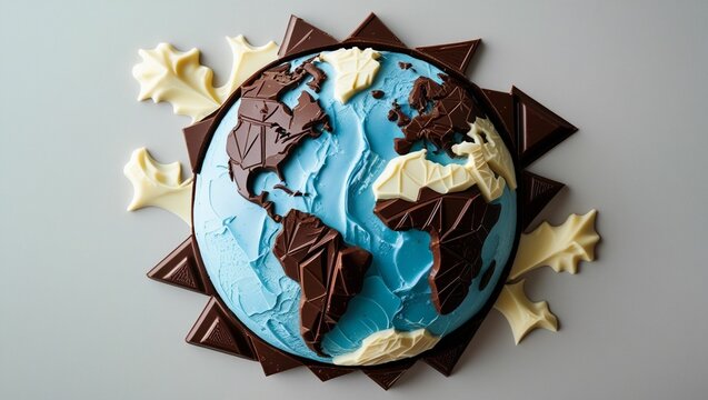 Flat lay of the globe outlined or formed using various types of chocolate (dark, milk, white)