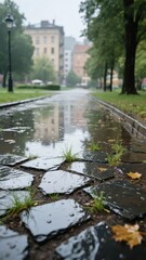 Obraz premium Rain-soaked cobblestone path in a park with grass sprouting through the stones and buildings in the background.