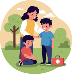 Fototapeta premium Woman teaching first aid to two boys outdoors in park with medical kit vector illustration 