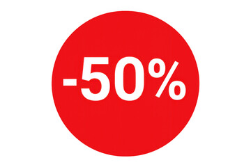 Vivid red circle housing bold white 50% discount text, transparent backdrop enabling flexible promotional graphic design application