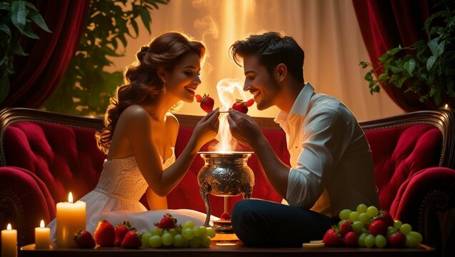 Romantic setting with couple dipping fruits into a steaming chocolate fondue pot