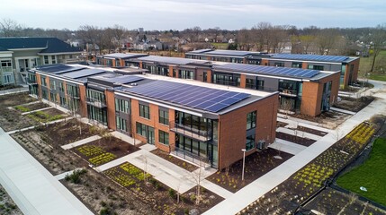 Modern sustainable apartment buildings with solar panels on rooftops in a community