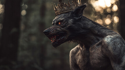 Werewolf with Glowing Eyes and Crown in Dark Forest Horror Fantasy