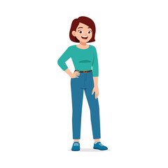 Fototapeta premium Happy young woman standing with hand on hip, wearing casual clothes, smiling expression