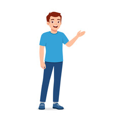 Young Caucasian man standing and presenting something with smile expression in illustration art