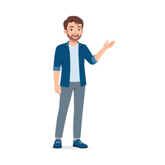 Caucasian Man Standing and Presenting with Open Palm in Full Body Illustration Style Isolated