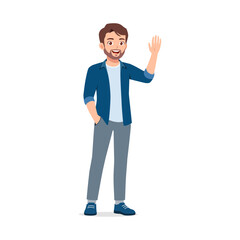 Smiling Caucasian Man in Blue Shirt Waving Hello with a Hand Up and other Hand in Pocket