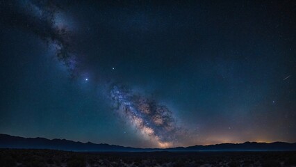 Fototapeta premium Milky Way Galaxy panorama over Desert: A stunning panoramic view of the Milky Way, illuminating the desert at night. The photograph captures the mystery of the night sky over a vast landscape.