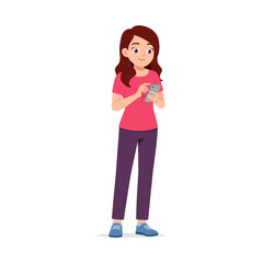 A brunette woman stands smiles and uses a smartphone in illustration style