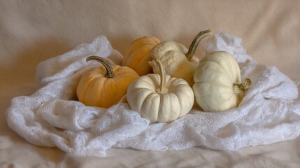 Still life arrangement of pumpkins on a white cloth.