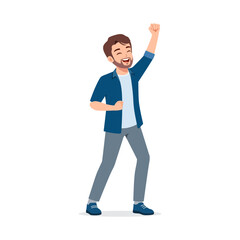 Excited Caucasian Man Celebrating Success with Raised Fist and Big Smile in Casual Wear Illustration