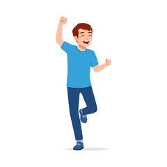 Happy Young Asian Man Celebrating Success with Raised Arms and a Cheerful Expression