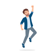 Happy Caucasian Man Jumping with Joy and Raising One Arm with Smiling Expression, Celebrating