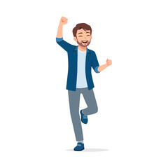 Excited Caucasian man raising his arms up and clenching fists feeling happiness, cheerful emotion