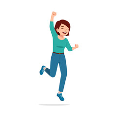 Happy Young Woman Leaping with Joy and One Arm Raised with Smiling Expression in a Vector Art