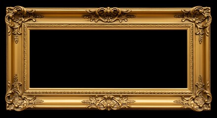 Ornate Gold Picture Frame - Empty Luxurious Golden Decorative Border on Black Background