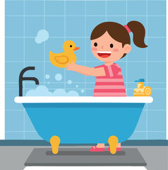 Naklejka premium Girl Playing with Yellow Rubber Duck in Bathtub with Blue Tiles Bathroom Vector Illustration 