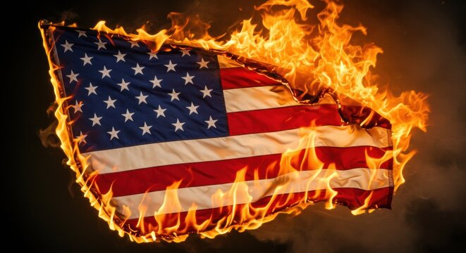 Burning american flag protest urban streets nighttime freedom and dissent