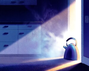 Steaming kettle in a kitchen at dawn.