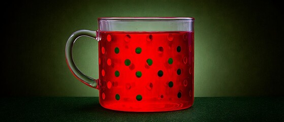 A glass mug filled with a vibrant red liquid, decorated with green polka dots.