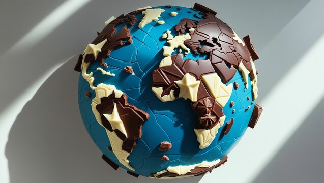 Flat lay of the globe outlined or formed using various types of chocolate (dark, milk, white)