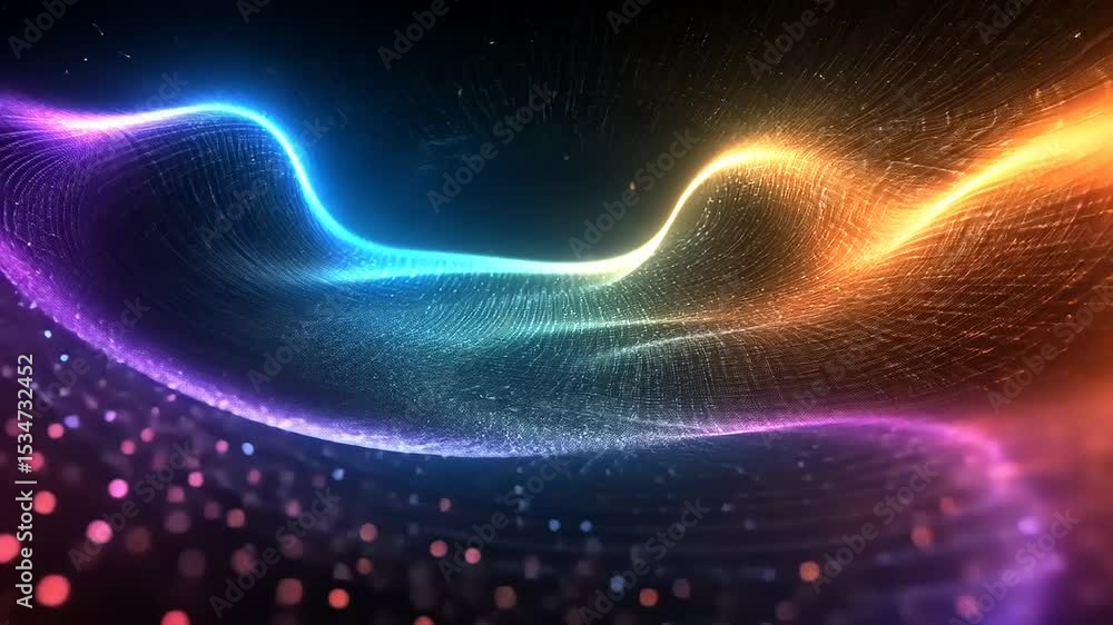 Poster colorful abstract waves of light and particles creating a vibrant digital landscape in motion