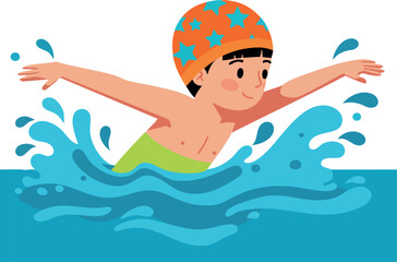 Boy swimming in pool with orange star swim cap splashing water in summer fun activity vector illustration 