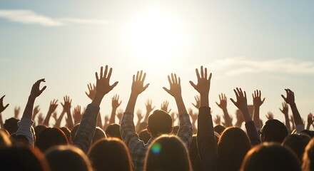 Silhouetted Crowd Raising Hands Towards Bright Sun A Celebration of Unity and Togetherness