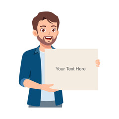 Smiling man holding blank signboard with copy space for text, illustration style
