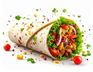 Delicious Beef Burrito with Vegetables and Spices Mexican Food Wrap Tortilla