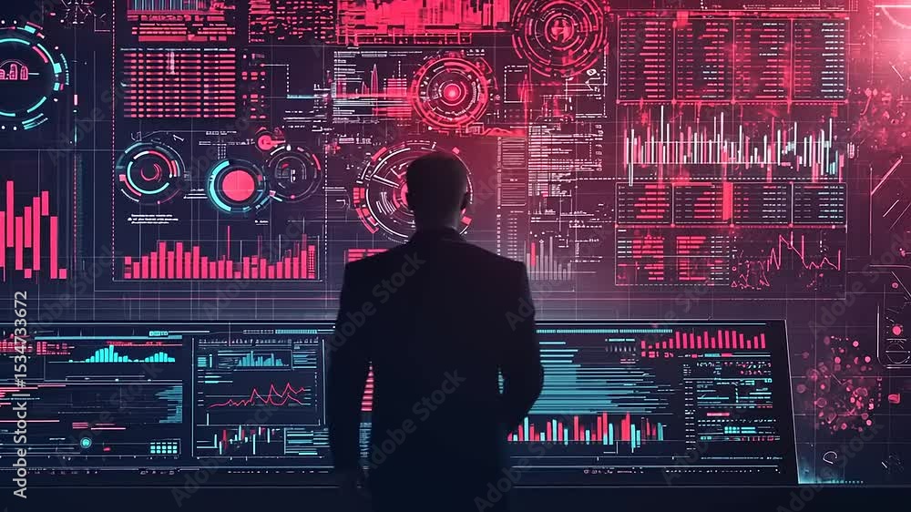 Aufkleber business professional analyzing data on a futuristic digital interface in a high-tech environment