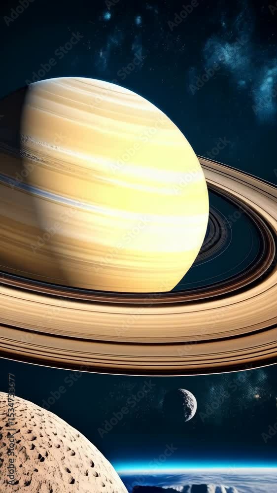 Poster ringed planet view from a rocky surface in space with glowing nebula and other moons in the backgrou