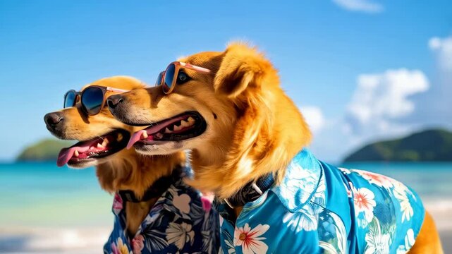 Two golden retrievers wearing sunglasses and aloha shirts on a tropical beach with blue skies and turquoise water, summer vacation