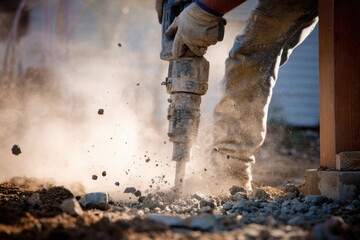 Jackhammer breaking concrete at construction site