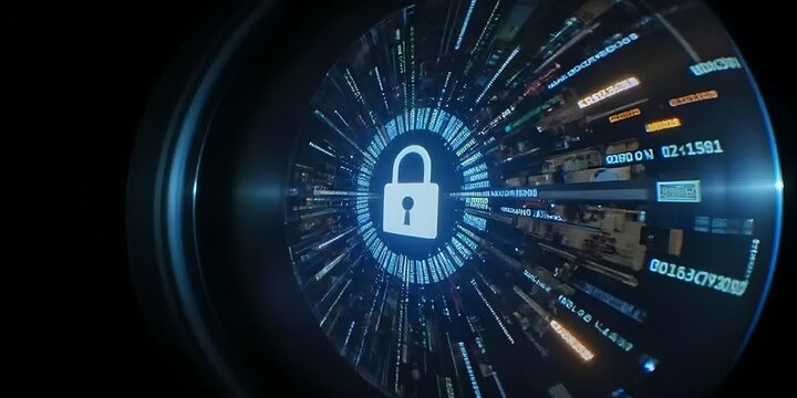 Abstract visual representation of the concept of cybersecurity. The image shows a constant flow of glowing binary code on a dark background, conveying dynamism and digital protection. In the center, a