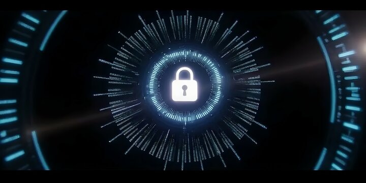 Abstract visual representation of the concept of cybersecurity. The image shows a constant flow of glowing binary code on a dark background, conveying dynamism and digital protection. In the center, a