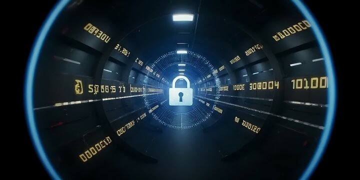 Abstract visual representation of the concept of cybersecurity. The image shows a constant flow of glowing binary code on a dark background, conveying dynamism and digital protection. In the center, a