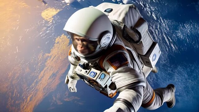 Monkey astronaut in space suit floats against Earth backdrop, conveying exploration, adventure, and scientific discovery.