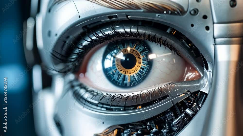 Poster close-up view of a humanoid robot's intricate eye with electronic components, focusing on details of