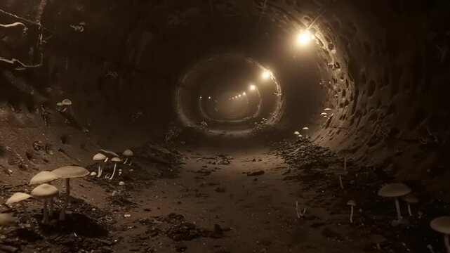A dimly lit underground tunnel with mushrooms growing along the damp ground and walls