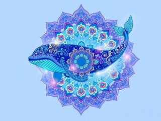 A vibrant, dreamy pastel hued whale mandala illustration gradient blue background