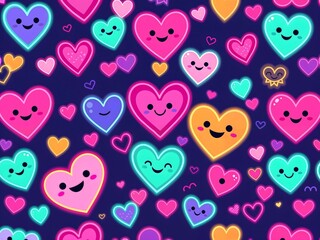 abstract Cute pastel Y2k neon pattern of funny cartoon hearts and elements. In psychedelic weird style