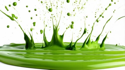Bright green liquid splashing upward creating dynamic form with splatters against a white background, showing movement and vibrant color. - Powered by Adobe