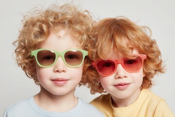 Kids with colorful sunglasses close up portrait