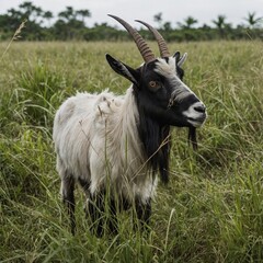 Fototapeta premium A jungle goat grazing in tall grass, white background